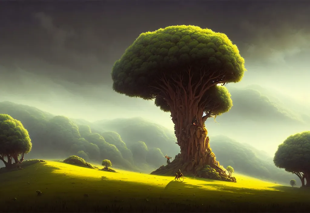 Image similar to dionisio landscape without people, high trees, top of the hill, above low layered clouds, deep focus, fantasy, intricate, elegant, highly detailed, digital painting, artstation, concept art, matte, sharp focus, illustration, hearthstone, art by rhads and artgerm and greg rutkowski and gediminas pranckevicius