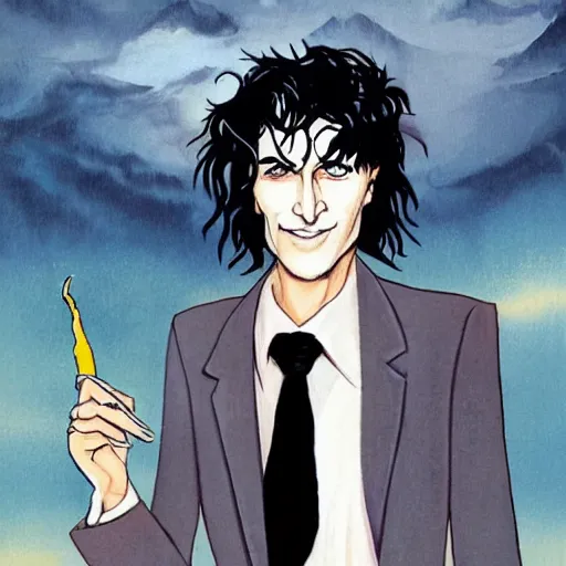 Prompt: A portrait of the character, Desire, a tall smiling androgyne with black hair and a grey pinstripe suit, Vertigo Comics, The Sandman written by Neil Gaiman, against a stormy sky