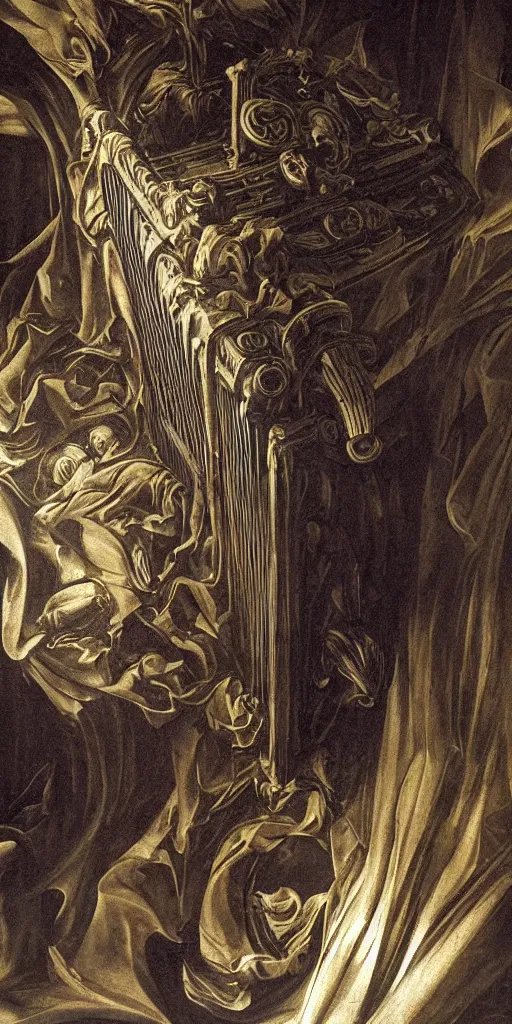 Image similar to pipe organ ghost intricately carved from dark smoke, high detail baroque oil painting, golden ratio, volumetric light, godrays, terrifying geometry, alan lee, caravaggio, michelangelo