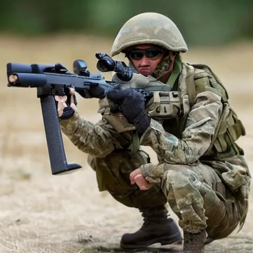 Image similar to still image of a hedgehog soldier wearing military gear, the hedgehog is holding a rifle, photo