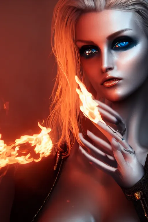 Image similar to gorgeous blonde woman with fire in her hand, cyberpunk, realistic, high definition, many details, shiny colorful, symmetrical face, realistic eyes, art of unreal engine 5