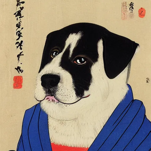 Image similar to a painting of a dog wearing a costume, a portrait by Koson Ohara, featured on pixiv, ukiyo-e, ukiyo-e, woodcut, chiaroscuro