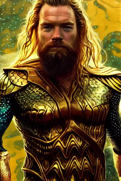 Prompt: portrait of ewan mcgregor as aquaman, beard, underwater, long hair, serious, intricate, elegant, gold, glowing lights, highly detailed, digital painting, artstation, concept art, smooth, sharp focus, illustration, art by wlop, mucha, artgerm, and greg rutkowski