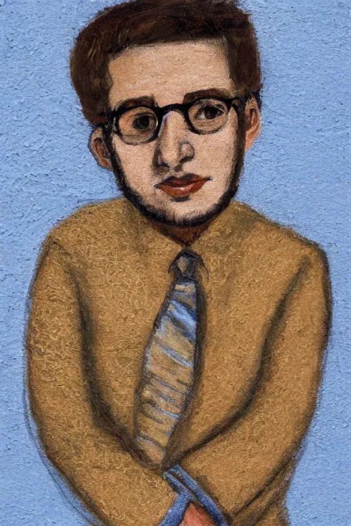 Prompt: A colorful, vivid, vibrant portrait en buste of a man in his twenties, soft round features, oval face, warm skin tone, narrow tired blue grey eyes, wearing small round glasses, small ears, short length wavy dark blond hair, kind smile, wearing a textured brown ochre cotton dress shirt rolled at the elbows, fauvisme, art du XIXe siècle, figurative oil on canvas by André Derain, Albert Marquet, Auguste Herbin, Louis Valtat, Musée d'Orsay catalogue