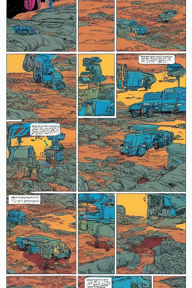 Image similar to colorfull comicpage with panels and speech balloons by Moebius and Jean Giraud showing a futuristic oil truck driving through the desert, airtight garage