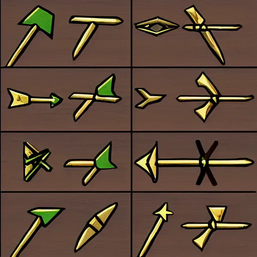 Prompt: [ medieval ] [ wooden arrows with steel tip ] [ unity 2 d ] [ spritesheet ] [ video game assets ]