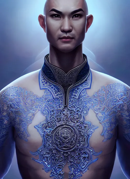 Image similar to male martial artist with a mostly shaved head and a high ponytail!!! asian facial features and blue eyes!! intricate ornate blue robes!! character concept art, sharp focus, octane render! unreal engine 5! highly rendered!! trending on artstation!! detailed linework!! illustration by artgerm, wlop, and chie yoshii