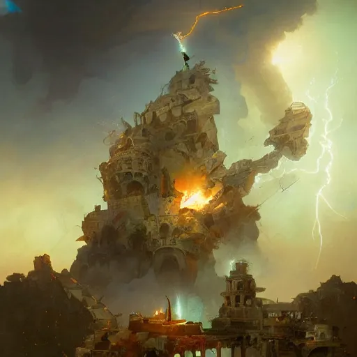 Image similar to Bright explosive Birth of Athena from the head of lightning god Zeus, hyperrealism, no blur, 4k resolution, ultra detailed, style of Tyler Edlin, Carl Spitzweg ,Dragan Bibin , Peter Mohrbacher, Ismail Inceoglu