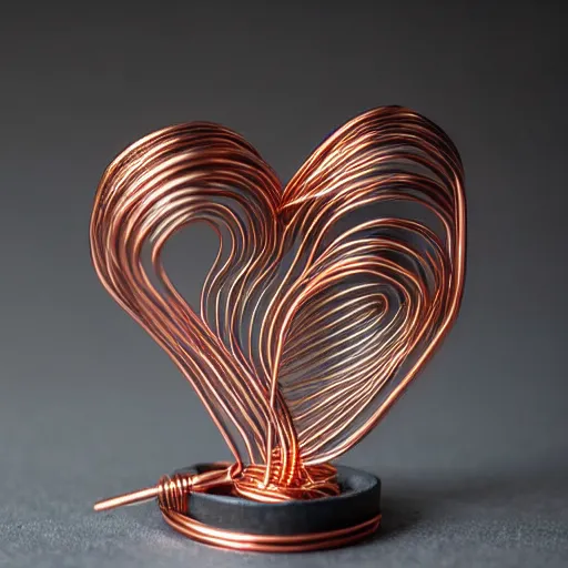 Prompt: a very beautiful tiny ( ( ( ( human heart ) ) ) )!!!!!!!!!!!!!!!!!!!!!!!!! organic sculpture made of copper wire and threaded pipes, very intricate, curved. studio lighting, high resolution, high quality, black background