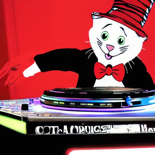 Image similar to cat in the hat on the dj decks