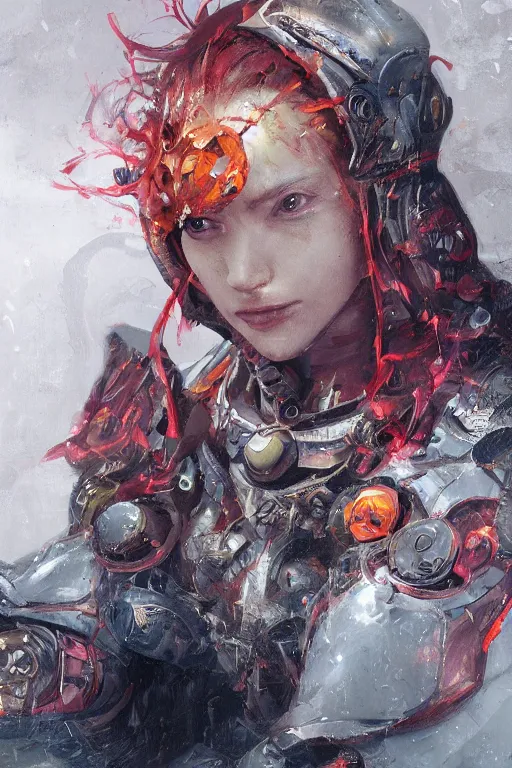 Image similar to portrait of beautiful young mainem, warhammer, japaneese style, cyberpunk armor, a lot of more scars, more and more flowers, orange head, the middle ages, highly detailed, artstation, illustration, art by greg rutkowski, 8 k quality