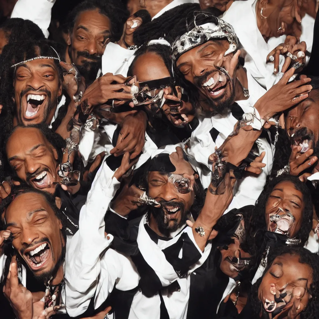 Prompt: a photo of Snoop Dogg laughing hysterically, eyes wide open