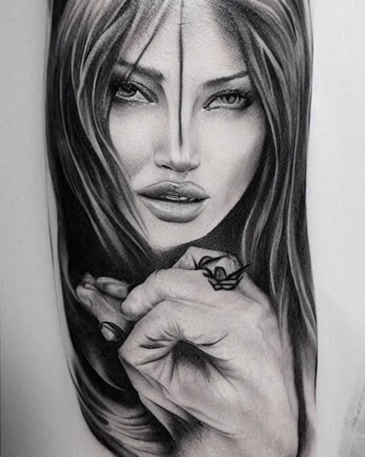 Image similar to tattoo design sketch of a beautiful woman face next to a faded background of beautiful mountains on her side, hyper - realistic, in the style of den yakovlev, amazing detail, black and white