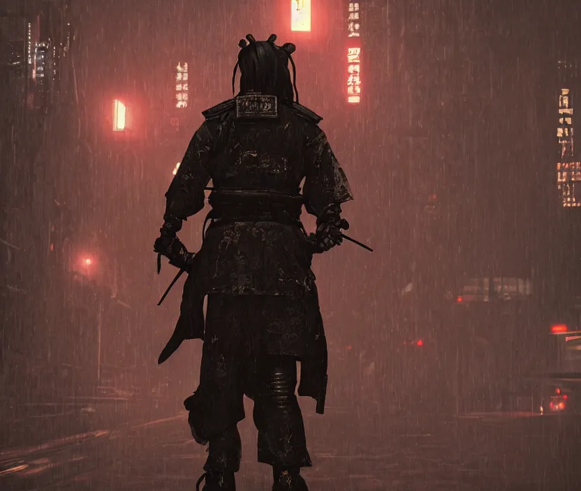 Image similar to 'a samurai in night city cyberpunk thematic , gloomy and foggy atmosphere, octane render, artstation trending, horror scene, highly detailded'