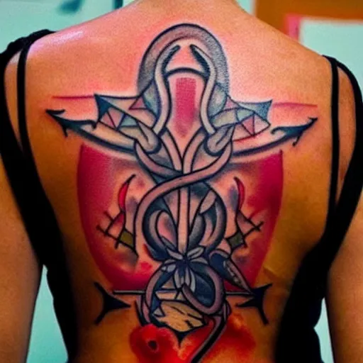 Image similar to a tattoo of a magic fork across a female back, rich beautiful colors