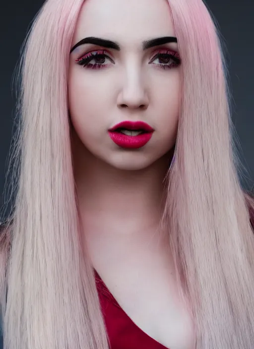 Image similar to ava max bright red hair photographed by charlotte rutherford, canon, highly realistic. high resolution. highly detailed. dramatic. 8 k. 4 k.