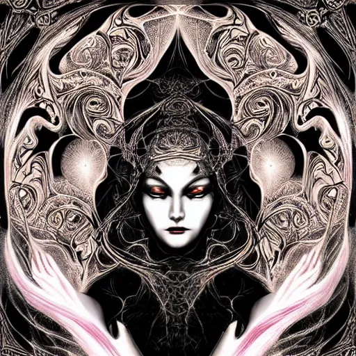 Prompt: a beautiful depiction of the goddess Lilith, mystical third eye, dressed in flowing black clothing, black fractal filigree, by James Jean, by Dan Seagrave, occult, stunning, psychedelia