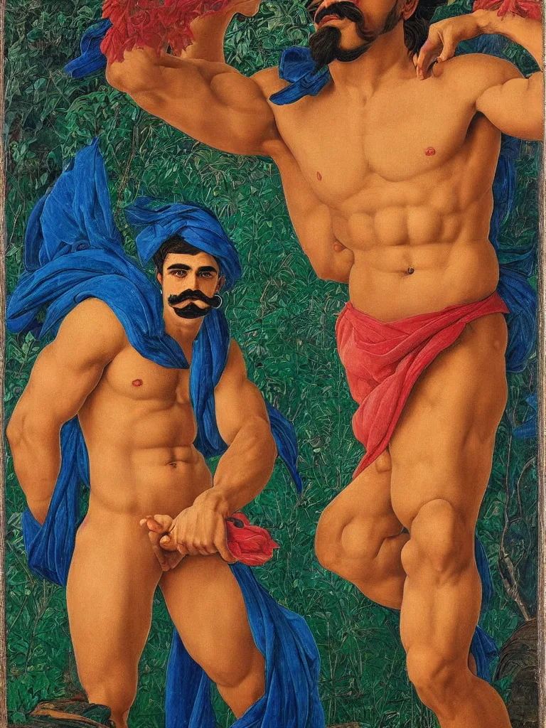 Prompt: portrait of a 20 years old muscular persian iranian wrestler handsome man flexing and posing with a mustache by victor Nizovtsev and Botticelli