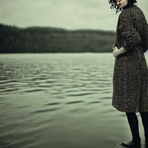 Image similar to portrait of a woman standing in a lake, short black curly hair, by marat safin