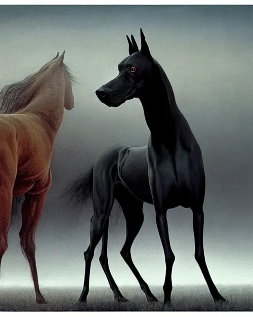 Image similar to painting of hybrid between black weimaraner & black stallion horse! & intercrossed animal, by zdzislaw beksinski, by mattias adolfsson, concept art, single object scene, beautiful composition, 8 k, wide angle shot, depth of view,