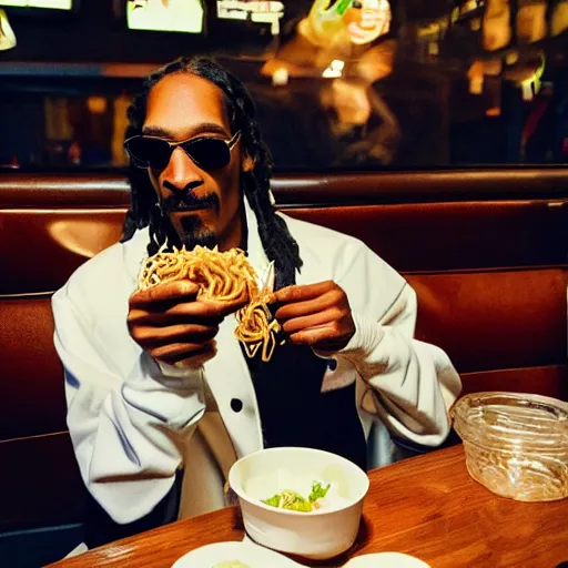 Image similar to Snoop Dog eating ramen in a restaurant