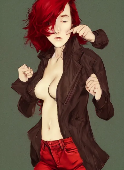 Prompt: full-body shot of an attractive tomboy girl with long, crimson red hair and red eyes, wearing a brown, open jacket and green jeans with a stern look, concept art, character design, by WLOP, by Ross Draws, by Tomine, by Satoshi Kon, by Rolf Armstrong