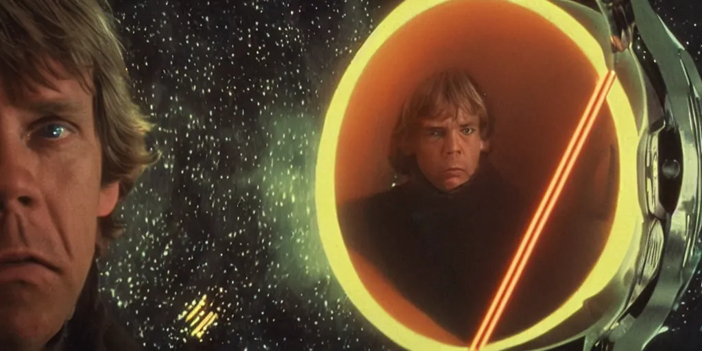 Image similar to screenshot portrait of Luke Skywalker, on a planet of maelstrom, chaos, the world without form and void, 1970s film by Stanley Kubrick, iconic scene, HR Geiger design, stunning cinematography, hyper-detailed, sharp, anamorphic lenses, kodak color, 4k, stunning