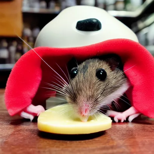 Prompt: mouse with red helmet eating cheese