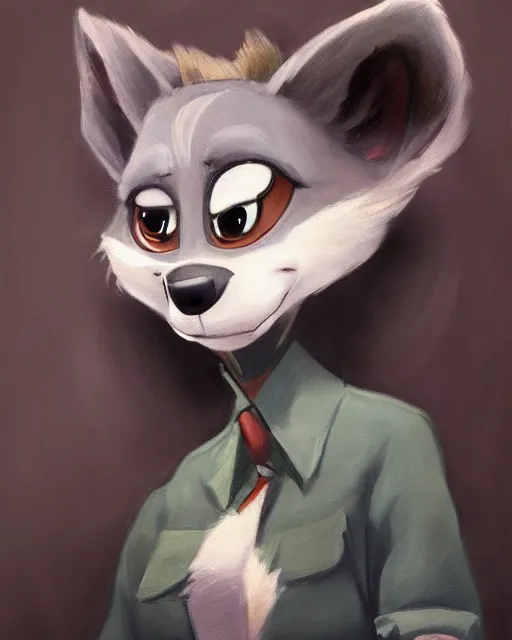 Image similar to dark oil painting of anthromorphic female wolf, in style of zootopia, zootopia, zootopia, fursona, furry, furaffinity, 4 k, deviantart, furry art, fursona art, wearing black business suit, business suit, in style of zootopia, wolf fursona, cyberpunk, female, very very very expressive detailed feminine face,