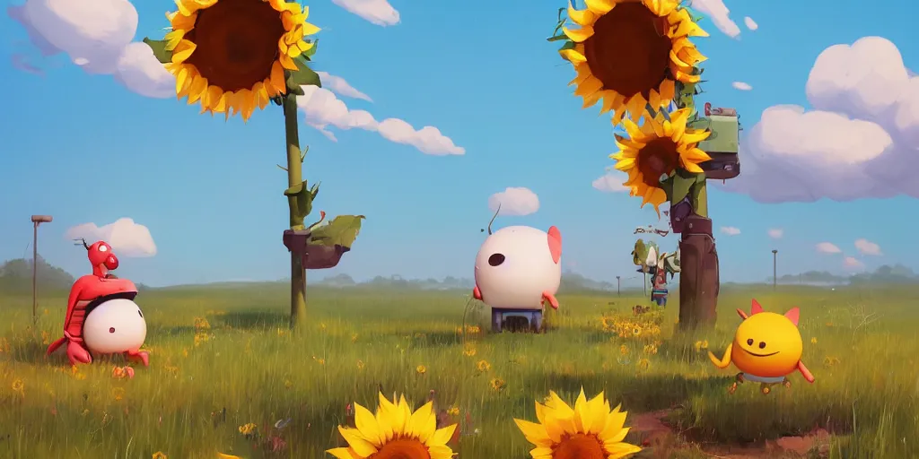 Image similar to Cute cartoon characters and sunflowers by Goro Fujita and Simon Stalenhag , 8k, trending on artstation, hyper detailed, cinematic