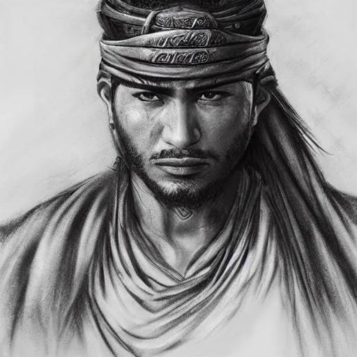 Image similar to Kurdish samurai, detailed charcoal sketch, realistic, incredibly detailed, award winning art, cinematic, extremely high detail, concept art, 4k fantasy art, trending on artstation, full body shot