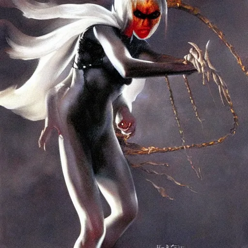 Prompt: ultra realistic painting of elle fanning as ghost spider, art by frank frazetta, 4 k, ultra realistic, highly detailed, epic lighting