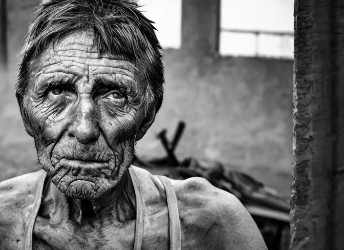 Prompt: hyper detailed portrait of starving homless man dslr by don mccullin, unreal engine 5, lumen, nanite