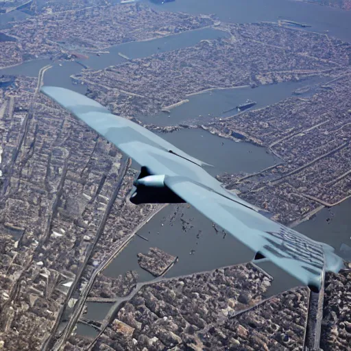 Prompt: infrared camera view from bomber, flying over manhattan, c130, military