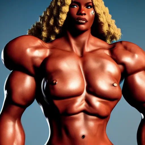 Image similar to a handsome bodybuilder viking girl with african american, clash royal style characters, unreal engine 5, octane render, detailed, cinematografic, cinema 4 d, artstation trending