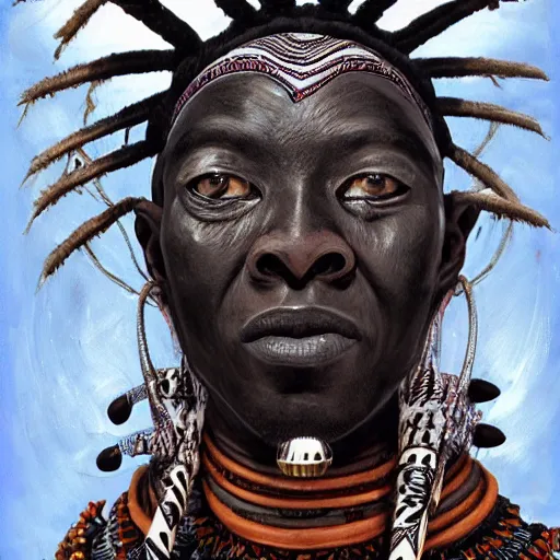 Prompt: an african shaman with an african mask, wearing an african outfit, shaman, zulu, hamar, himba, karo, masai, samburu, by alex gray and android jones, karol bak, ilya golitsyn, ayami kojima, amano, black panther, moebius, concept art, character design, fantasy, 3 d, 8 k resolution