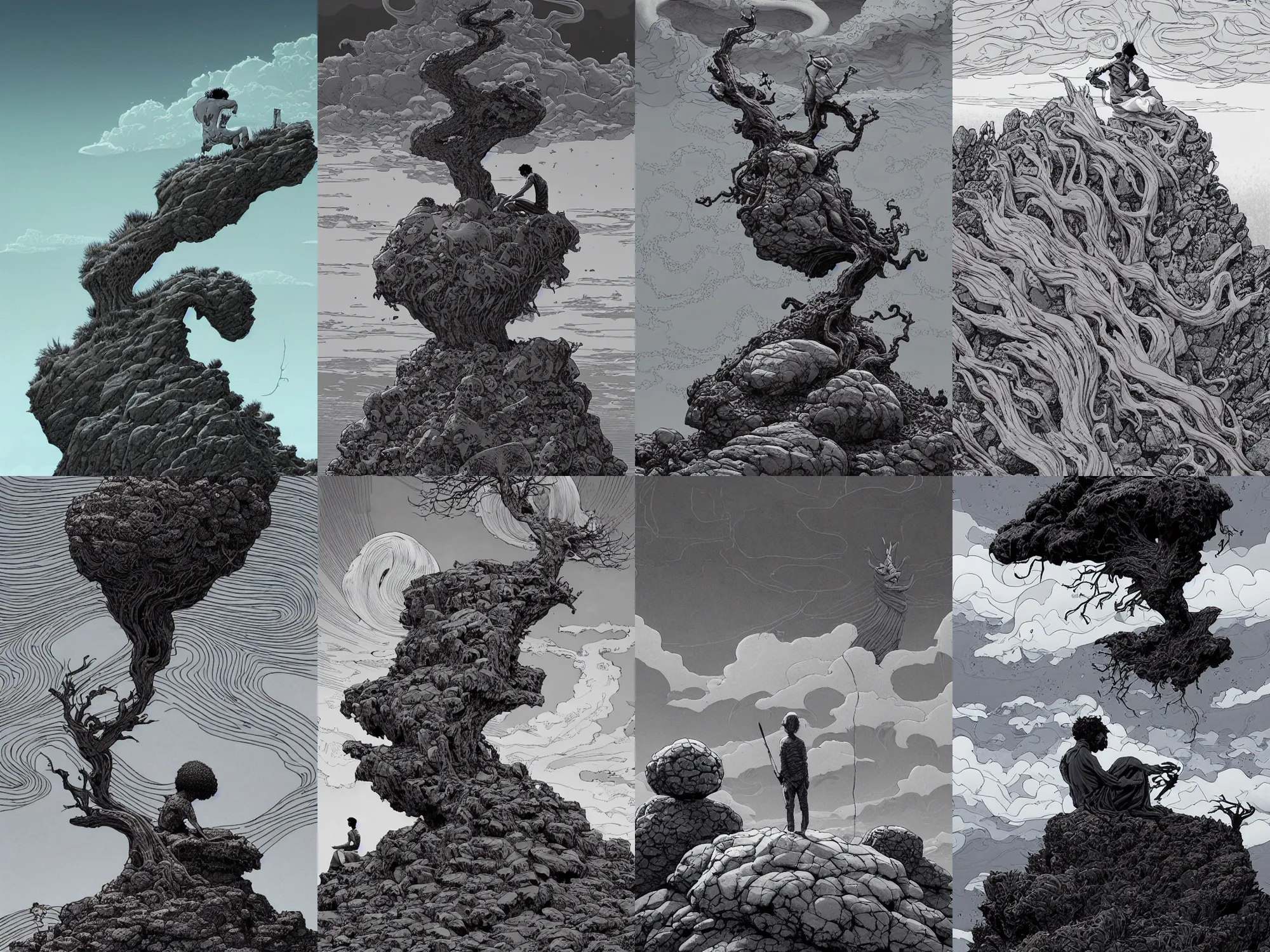 Prompt: a prince meditating on the top of a pile of rocks, a dead tree and swirly clouds in the background, art by James Jean and Wayne Barlowe and moebius, black and white ink, high details , cinematic, cgsociety 8k