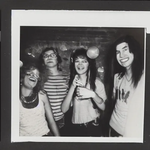 Prompt: a Polaroid photo of a 1980 party in a student apartment