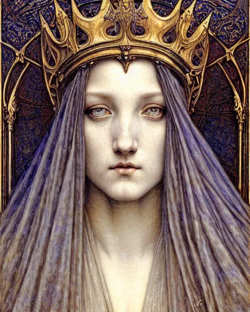 Image similar to detailed realistic beautiful young medieval queen face portrait by jean delville, gustave dore and marco mazzoni, art nouveau, symbolist, visionary, gothic, pre - raphaelite. horizontal symmetry