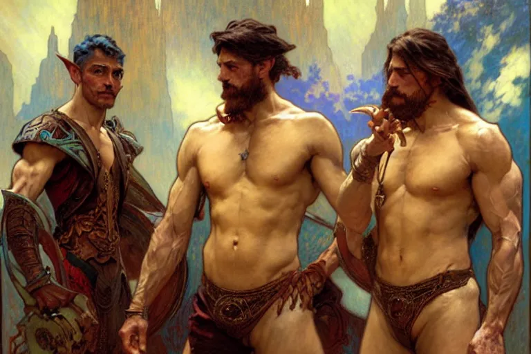 Prompt: 2 muscular attractive wizards playing magic, painting by gaston bussiere, craig mullins, greg rutkowski, alphonse mucha