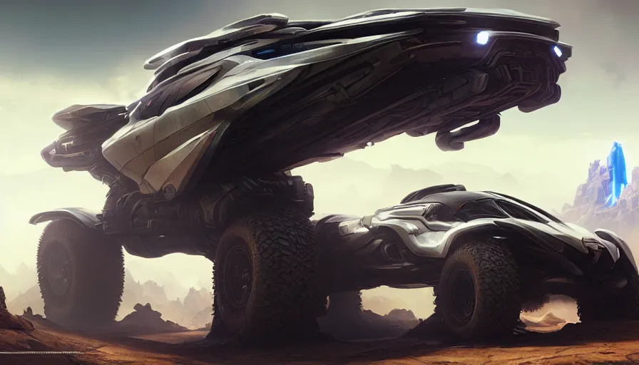 Image similar to a futuristic offroad suv by artgerm and greg rutkowski and alphonse mucha, zaha hadid, an epic fantasy, volumetric light, detailed, trending on art station, octane render, horizon zero dawn