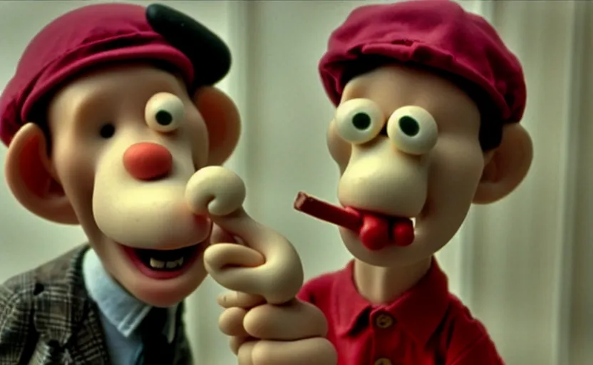 Image similar to Wallace smoking crack from a crack pipe in a still from the short movie A Grand Day Out (1989), crack cocaine, Wallace and Gromit, Aardman Animations, claymation, 4k, high quality