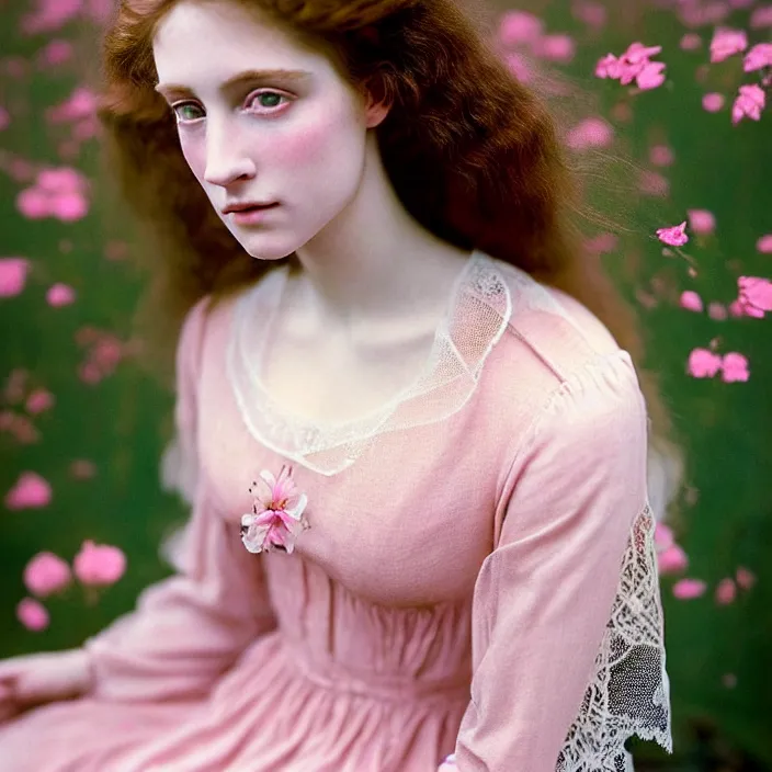 Image similar to Kodak Portra 400, 8K, soft light, volumetric lighting, highly detailed, britt marling style 3/4 ,portrait photo of a beautiful woman how pre-Raphaelites painter, a beautiful pink detailed lace dress and hair are intricate with highly detailed realistic beautiful flowers , Realistic, Refined, Highly Detailed, natural outdoor soft pastel lighting colors scheme, outdoor fine art photography, Hyper realistic, photo realistic