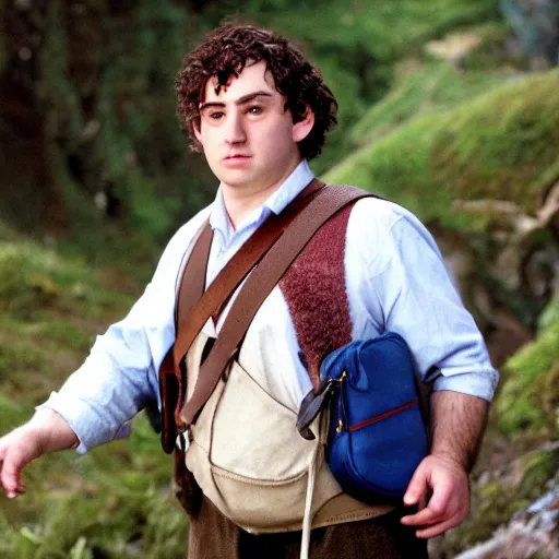 Prompt: frowning clean shaven pudgy British lad with short curly dark brown hair as a hobbit wearing a white men's crossbody sling chest bag and blue vest, blue vest!! white crossbody chestbag!! high resolution film still, movie by Peter Jackson