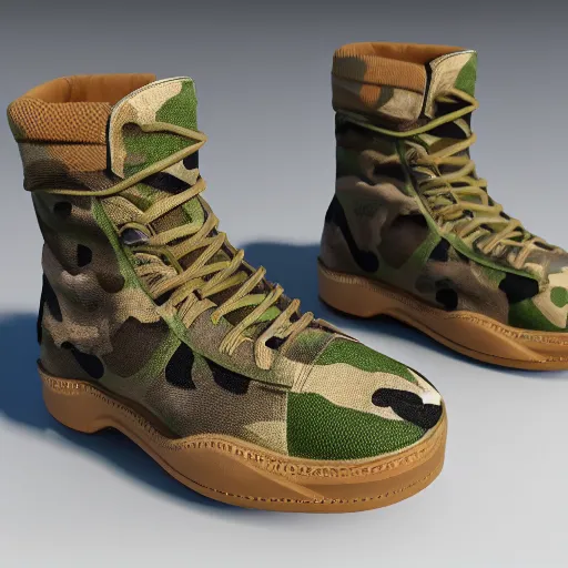 Image similar to hyper realistic complex 3 d the flat head boots, camo, blender, lightning wide shot
