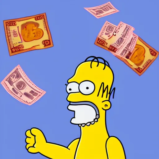 Prompt: 3 d icon of simpsons character throwing out his hand with money shouting at the camera. on white. cartoon like. simpsons, futurama