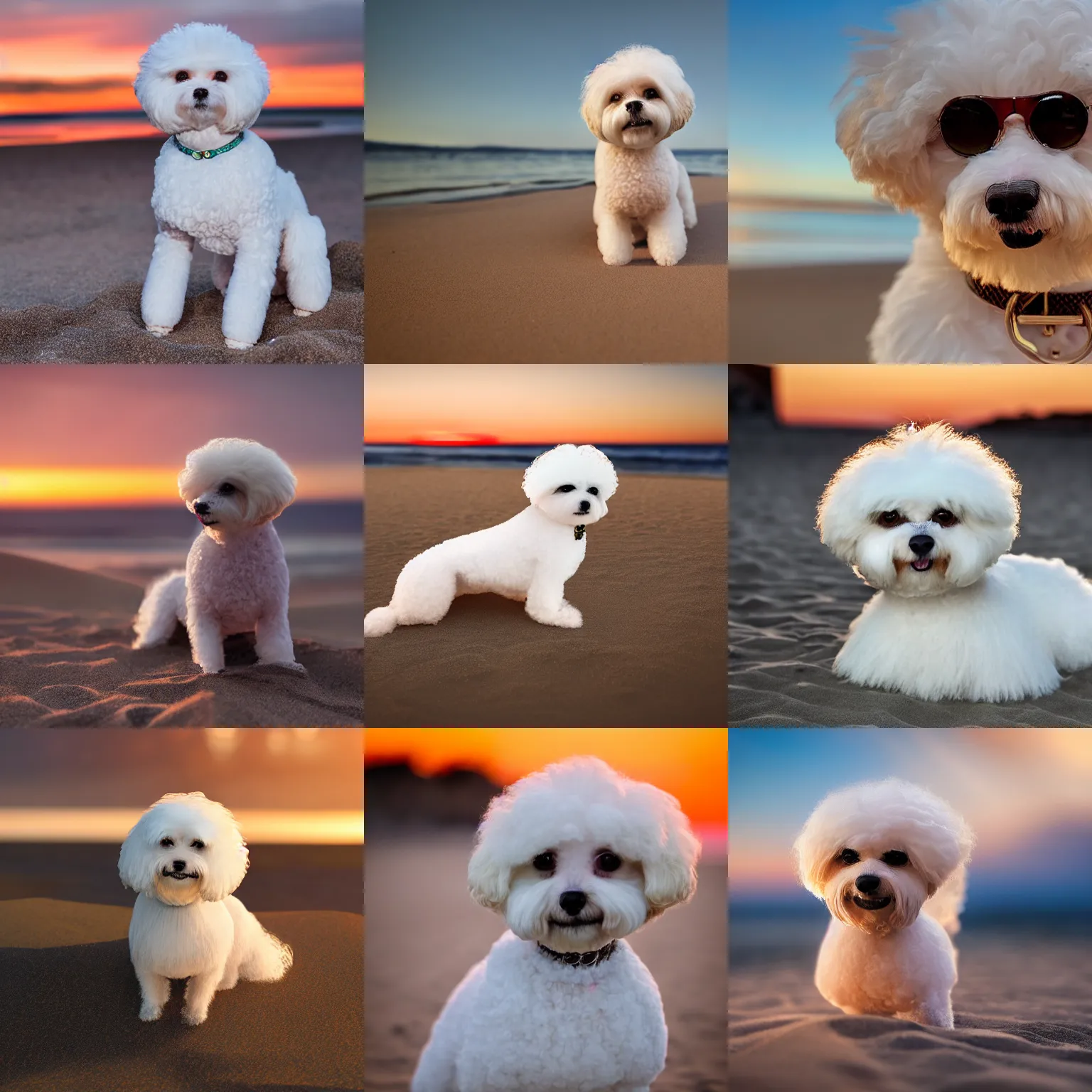 Prompt: a closeup photorealistic photograph of a Louis Vuitton style bichon frise at the beach during sunset This 4K HD image is Trending on Artstation, featured on Behance, well-rendered, extra crisp, features intricate detail and the style of Unreal Engine.