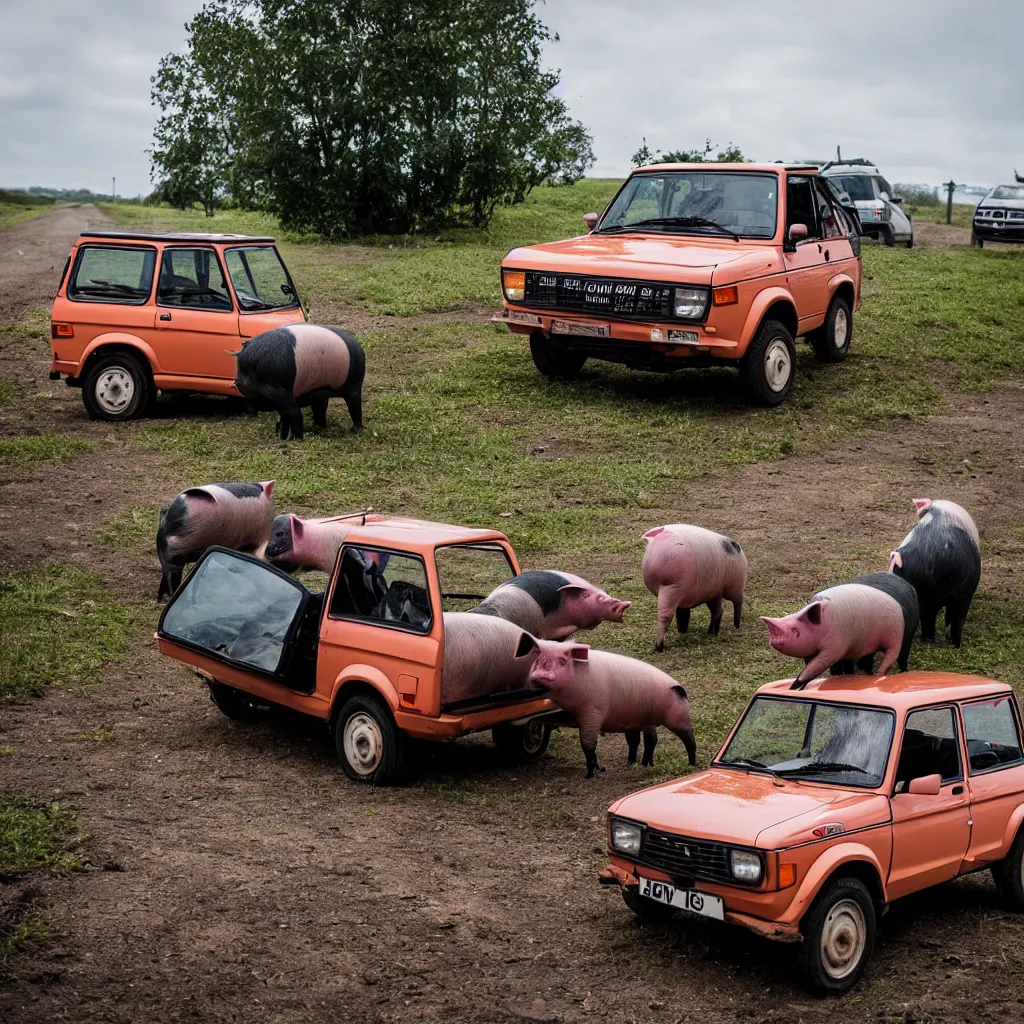 Image similar to pig driving, lada niva, award winning photography