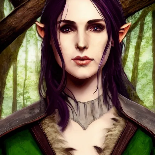 Image similar to yennefer as a medieval fantasy wood elf, dark purplish hair tucked behind ears, wearing a green tunic with a fur lined collar and brown leather armor, wide, muscular build, scar across nose, one black, scaled arm, cinematic, character art, digital art, forest background, realistic. 4 k