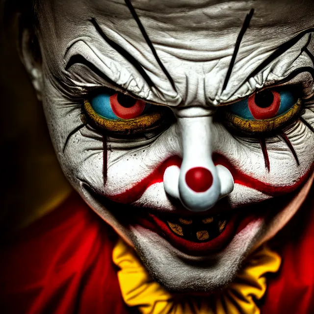 Image similar to creepy clown in a house at night, highly detailed, 8 k, hdr, smooth, sharp focus, high resolution, award - winning photo